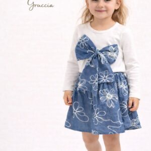 Completo bambina con gonna effetto jeans e fiocco