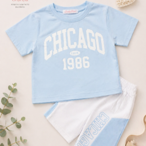 Completo bambina estivo Chicago – t-shirt + bermuda celeste