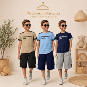 Completo Bambino Fashionist Ame – T-shirt + Bermuda Cargo (4-12 anni)