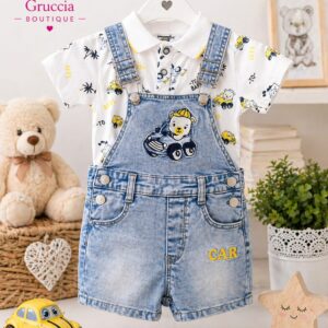 Completo bimbo estivo con salopette in denim e polo stampata