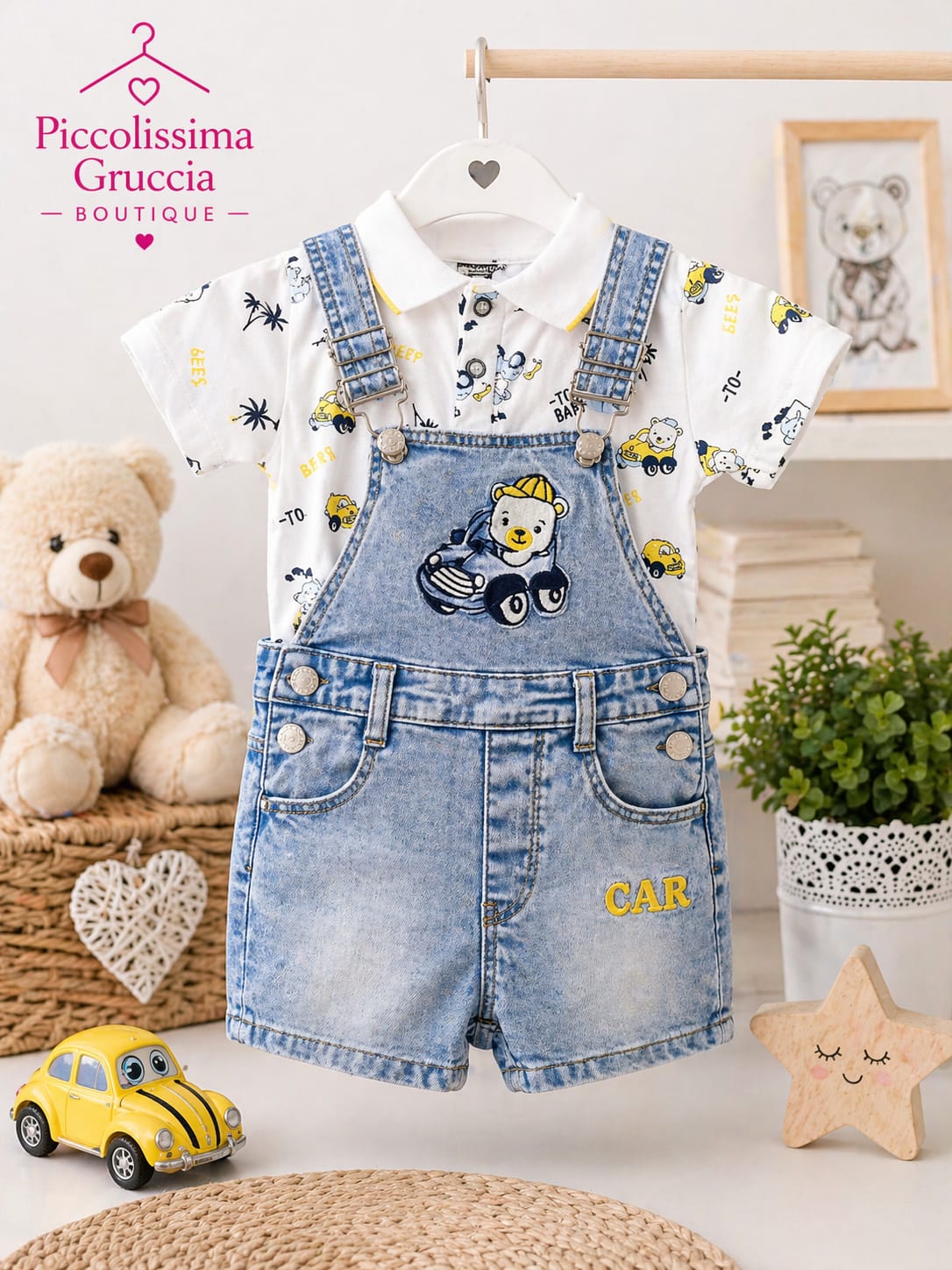 Completo bimbo estivo con salopette in denim e polo stampata