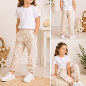 Completo bambina leopardato estivo – t-shirt bianca + pantalone jogger