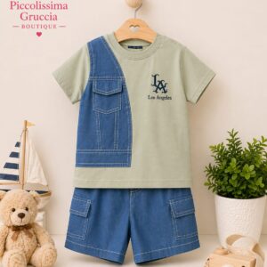 Completo bambino estivo cotone con stampa denim – 3 varianti colore (12-36 mesi)