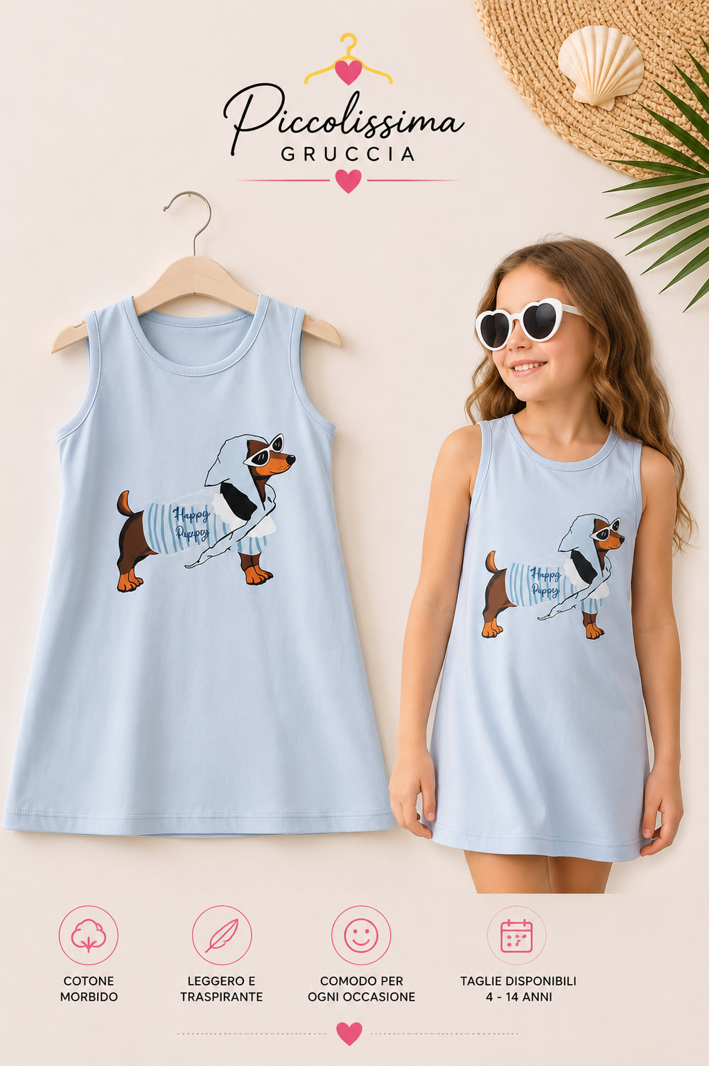Vestitino Bambina Happy Puppy Azzurro Cielo 4-14 Anni