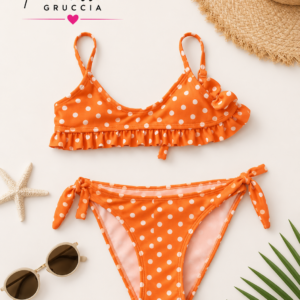 Costume bikini bambina pois arancione con volant regolabile – 3/12 anni