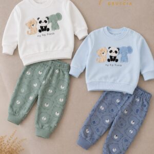 Completo Neonato 2 Pezzi in Cotone Garzato con Animaletti &ndash; 3/18 Mesi
