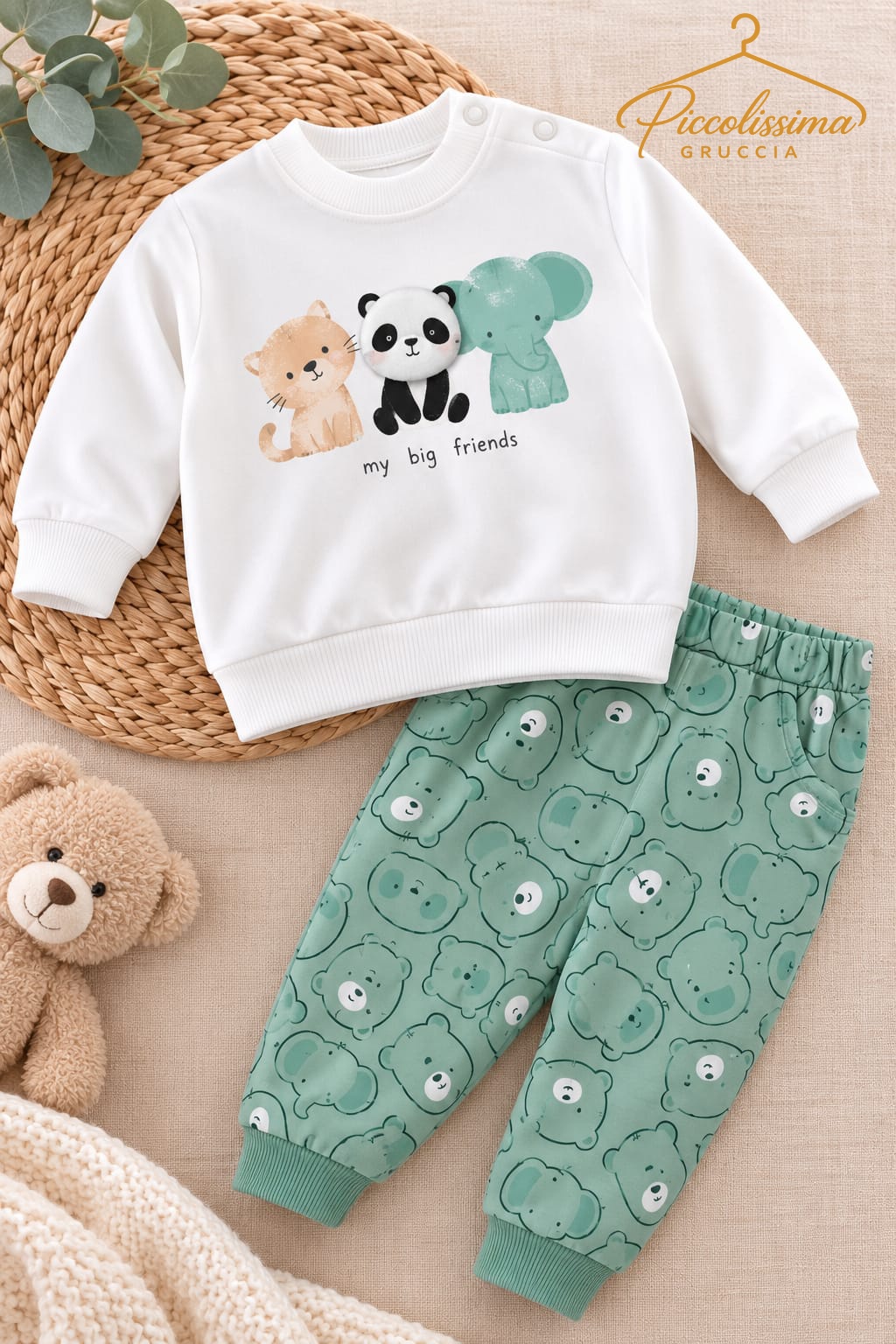 Completo Neonato 2 Pezzi in Cotone Garzato con Animaletti – 3/18 Mesi - immagine 3
